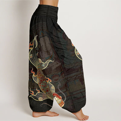Buddha Stones Cotton Koi Fish Guanyin Pattern Women's Elastic Waist Harem Pants - image 2