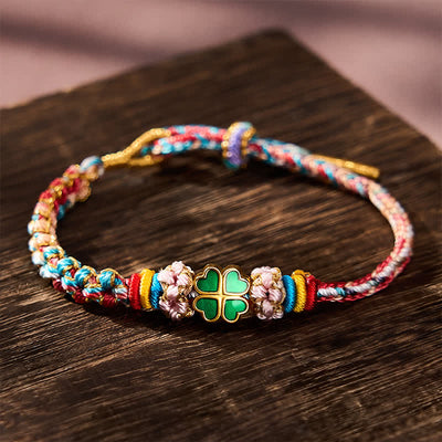 Buddha Stones Hand-Woven Multicolor Peach Blossom Heart-Shaped Green Four Leaf Clover Luck Rope Bracelet - Pink(Wrist Circumference: 5.9-7.5 in / 15-19cm) - image 10