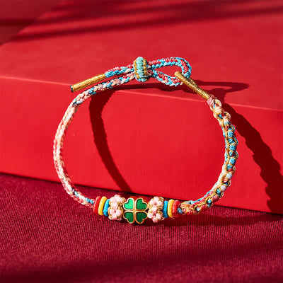 Buddha Stones Hand-Woven Multicolor Peach Blossom Heart-Shaped Green Four Leaf Clover Luck Rope Bracelet - image 12