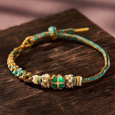 Buddha Stones Hand-Woven Multicolor Peach Blossom Heart-Shaped Green Four Leaf Clover Luck Rope Bracelet - image 4