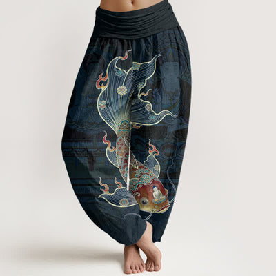 Buddha Stones Cotton Koi Fish Guanyin Pattern Women's Elastic Waist Harem Pants - Navy - US16，UK/AU20，EU48 (3XL) - image 8