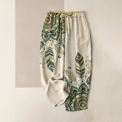 Buddha Stones Pure Cotton Elegant Bohemian Floral Pattern Women's Elastic Waist Pants With Pockets - Green - US16，UK/AU20，EU48 (3XL) - image 3