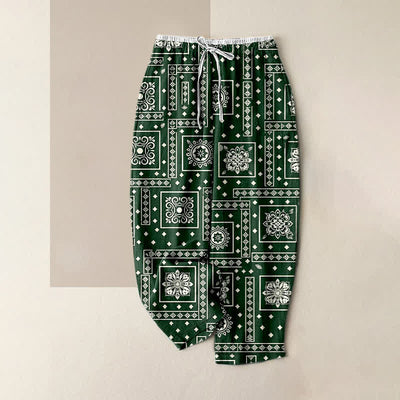 Buddha Stones Pure Cotton Vintage Bandana Patchwork Pattern Women's Elastic Waist Pants With Pockets - ForestGreen - US16，UK/AU20，EU48 (3XL) - image 5