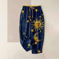 Buddha Stones Pure Cotton Mystic Moon Sun Pattern Women's Elastic Waist Pants With Pockets - Navy - US16，UK/AU20，EU48 (3XL) - image 0