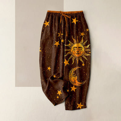 Buddha Stones Pure Cotton Mystic Moon Sun Pattern Women's Elastic Waist Pants With Pockets - SaddleBrown - US16，UK/AU20，EU48 (3XL) - image 5