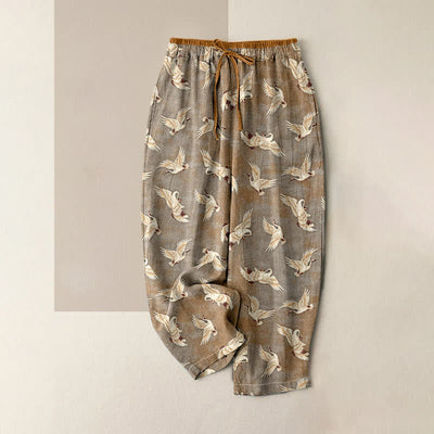 Buddha Stones Pure Cotton Graceful Crane Pattern Women's Elastic Waist Pants With Pockets - Tan - US16，UK/AU20，EU48 (3XL) - image 3