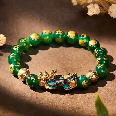 Buddha Stones Natural Green Agate Om Mani Padme Hum Color Change PiXiu Success Bracelet - image 2