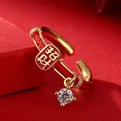 Buddha Stones Copper Alloy Red String Lucky Wealth Charm Ring - image 1