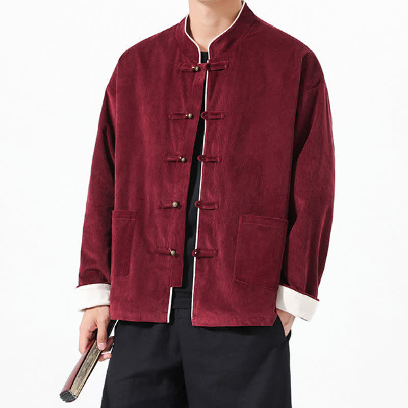 Buddha Stones Fall Winter Vintage Tang Style Frog Button Solid Corduroy Men's Jackets With Pockets - image 3