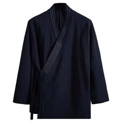 Buddha Stones Fall Tang Style Vintage Drawstring Solid Ramie Men's Kimonos - image 3