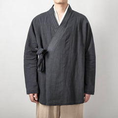 Buddha Stones Fall Tang Style Vintage Drawstring Solid Ramie Men's Kimonos - LightSlateGray - US/UK/AU44，EU54 (4XL) - image 0