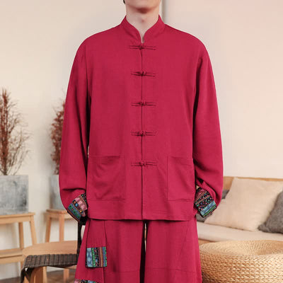 Buddha Stones Fall Tang Style Casual Frog Button Solid Cotton Linen Men's Long Sleeve Shirts With Pocket - Crimson - US/UK/AU46，EU56 (5XL) - image 8