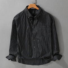 Buddha Stones Spring Fall Casual Button-Up Striped Cotton Men's Long Sleeve Shirts With Pocket - Black - US/UK/AU42，EU52 (3XL) - image 0