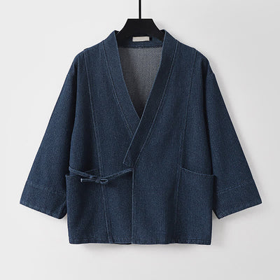 Buddha Stones Fall Casual Minimalist Drawstring Solid Cotton Linen Men's Kimonos With Pocket - image 1