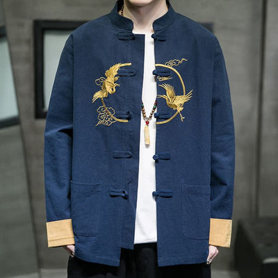 Buddha Stones Fall Winter Tang Style Vintage Frog Button Crane Clouds Embroidery Pattern Cotton Men's Jacket With Pockets - image 16
