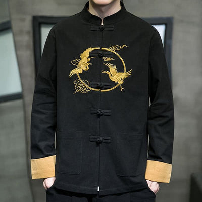 Buddha Stones Fall Winter Tang Style Vintage Frog Button Crane Clouds Embroidery Pattern Cotton Men's Jacket With Pockets - image 14