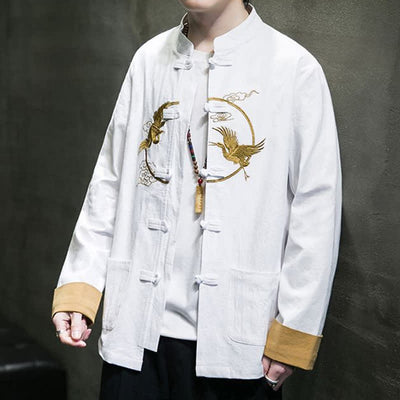 Buddha Stones Fall Winter Tang Style Vintage Frog Button Crane Clouds Embroidery Pattern Cotton Men's Jacket With Pockets - image 33