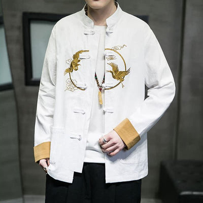 Buddha Stones Fall Winter Tang Style Vintage Frog Button Crane Clouds Embroidery Pattern Cotton Men's Jacket With Pockets - image 28