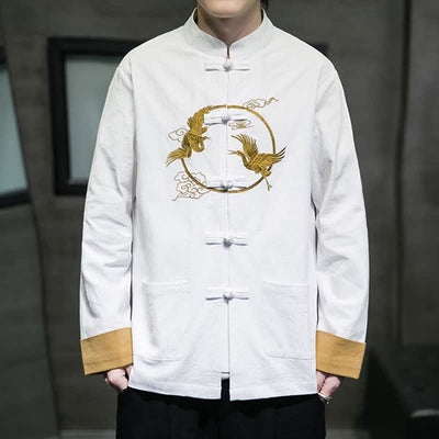 Buddha Stones Fall Winter Tang Style Vintage Frog Button Crane Clouds Embroidery Pattern Cotton Men's Jacket With Pockets - image 31