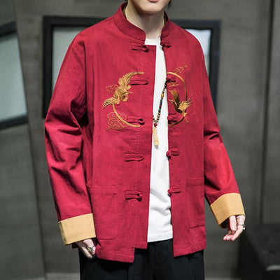 Buddha Stones Fall Winter Tang Style Vintage Frog Button Crane Clouds Embroidery Pattern Cotton Men's Jacket With Pockets - image 3