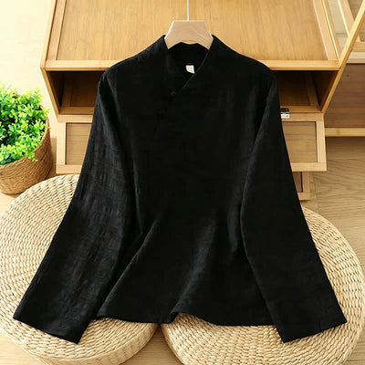 Buddha Stones Spring Fall Tang Style Minimalist Mandarin Collar Solid Women's Long Sleeve Shirts - Black - US6, UK/AU10, EU38 (XL) - image 10