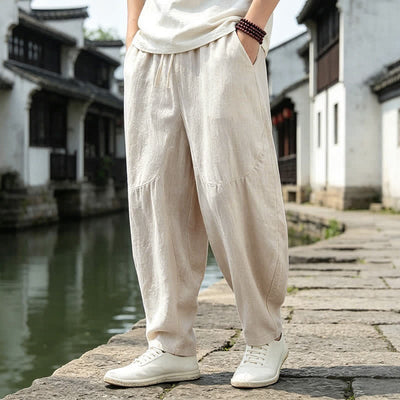 Buddha Stones Spring Summer Vintage Casual Drawstring Solid Cropped Pants Men's Harem Pants With Pockets - image 3