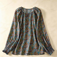 Buddha Stones Fall Vintage Floral Women's Long Sleeve Shirts - Teal - US8-10, UK/AU12-14, EU40-42 (2XL) - image 0