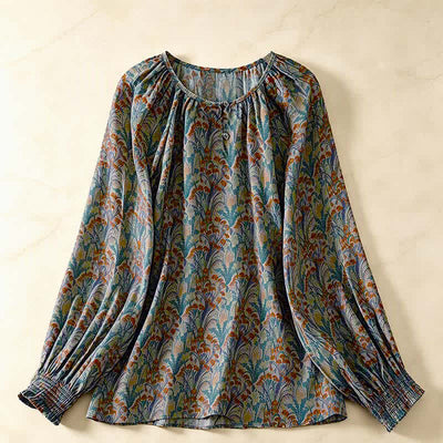 Buddha Stones Fall Vintage Floral Women's Long Sleeve Shirts - Teal - US8-10, UK/AU12-14, EU40-42 (2XL) - image 0