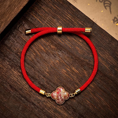 Buddha Stones Red String Song Brocade Four-leaf Clover Luck Bracelet - Song brocade(Same Color Tone – Pattern Varies) - image 0