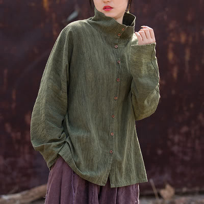 Buddha Stones Spring Fall Casual Tang Style Mandarin Collar Solid Ramie Women's Long Sleeve Shirts - DarkOliveGreen - US4-8/10，UK/AU8-12/14，EU36-40/42 (F) - image 5