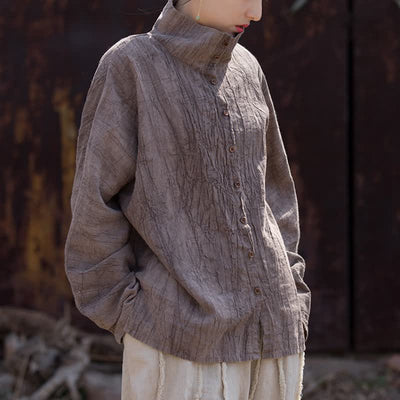 Buddha Stones Spring Fall Casual Tang Style Mandarin Collar Solid Ramie Women's Long Sleeve Shirts - image 9