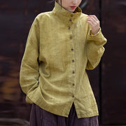 Foviel Frühling Casual Tang Stil Mandarin Kragen einfarbig Ramie Damen lang Ärmel Hemden
