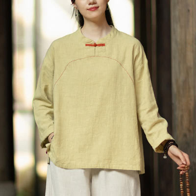 Buddha Stones Spring Fall Casual Tang Style Frog Button Solid Ramie Women's Long Sleeve Shirts With Pocket - image 8