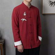 Foviel Spring Fall Vintage Tang Style Frog Button Crane Embroidery Men's Long Sleeve Shirts