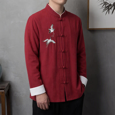 Buddha Stones Spring Fall Vintage Tang Style Frog Button Crane Embroidery Men's Long Sleeve Shirts - Crimson - US/UK/AU46, EU56 (5XL) - image 0