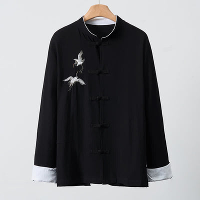 Buddha Stones Spring Fall Vintage Tang Style Frog Button Crane Embroidery Men's Long Sleeve Shirts - image 12