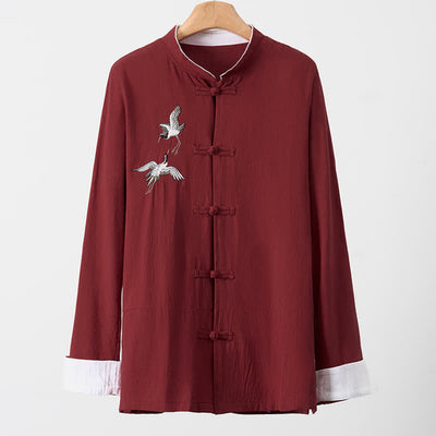 Buddha Stones Spring Fall Vintage Tang Style Frog Button Crane Embroidery Men's Long Sleeve Shirts - image 3