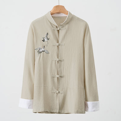Buddha Stones Spring Fall Vintage Tang Style Frog Button Crane Embroidery Men's Long Sleeve Shirts - image 23