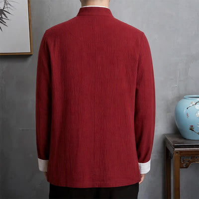 Buddha Stones Spring Fall Vintage Tang Style Frog Button Crane Embroidery Men's Long Sleeve Shirts - image 2