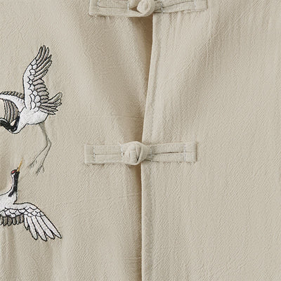 Buddha Stones Spring Fall Vintage Tang Style Frog Button Crane Embroidery Men's Long Sleeve Shirts - image 25
