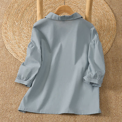 Buddha Stones Summer Vintage Tang Style Frog Button Embroidery Flower Solid Women's Elbow-Length Sleeve Shirts - image 1