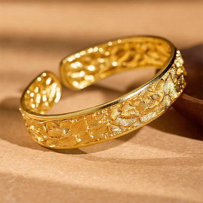 Buddha Stones Gold Plated Copper Engraved Peony Energy Open Cuff Bracelet - image 3