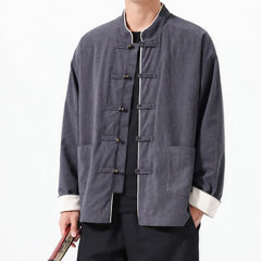 Buddha Stones Fall Winter Casual Tang Style Frog Button Solid Corduroy Men's Jackets With Pocket - DimGray - US/UK/AU46，EU56 (5XL) - image 0