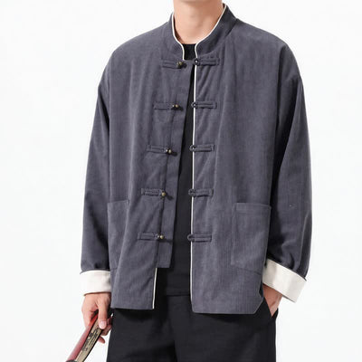 Buddha Stones Fall Winter Casual Tang Style Frog Button Solid Corduroy Men's Jackets With Pocket - DimGray - US/UK/AU46，EU56 (5XL) - image 0
