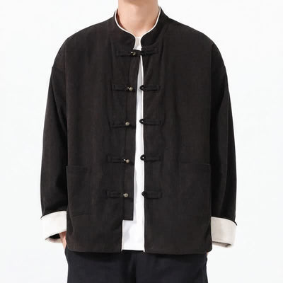 Buddha Stones Fall Winter Casual Tang Style Frog Button Solid Corduroy Men's Jackets With Pocket - Black - US/UK/AU46，EU56 (5XL) - image 10