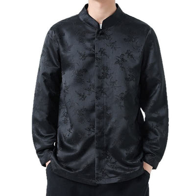 Buddha Stones Fall Winter Tang Style Elegant Mandarin Collar Floral Men's Long Sleeve Shirts With Pocket - image 2