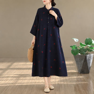 Buddha Stones Spring Summer Tang Style Vintage Mandarin Collar Floral Women's Long Sleeve Dresses With Pockets - MidnightBlue - US4-14, UK/AU8-18, EU36-46 (F) - image 0