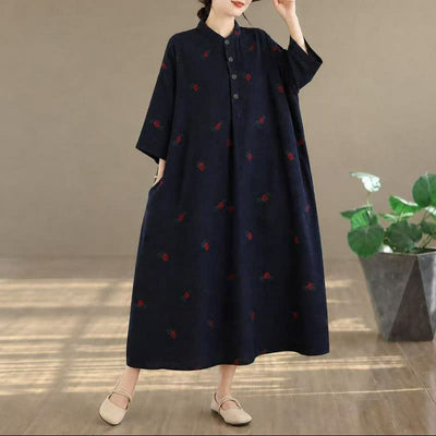Buddha Stones Spring Summer Tang Style Vintage Mandarin Collar Floral Women's Long Sleeve Dresses With Pockets - image 3