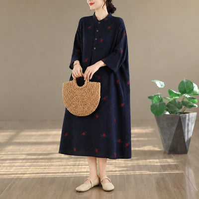 Buddha Stones Spring Summer Tang Style Vintage Mandarin Collar Floral Women's Long Sleeve Dresses With Pockets - image 1