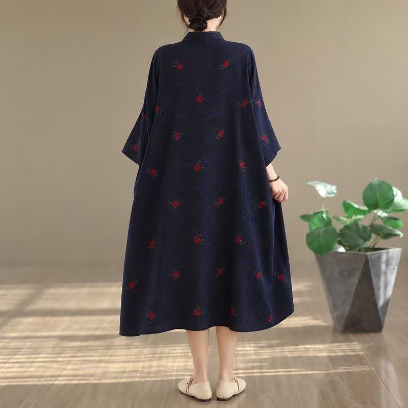 Buddha Stones Spring Summer Tang Style Vintage Mandarin Collar Floral Women's Long Sleeve Dresses With Pockets - image 4